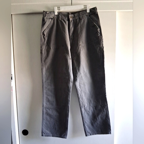 Vintage Carhartt Double Knee Gray Canvas Cotton Workwear Pants 34x32 - Picture 1 of 10